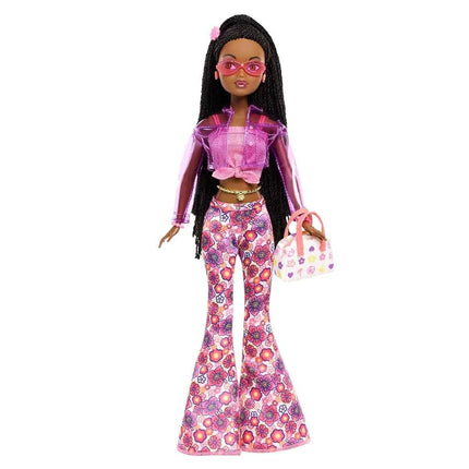 Barbie Signature My Scene Jai Doll and Accessories, Black Braids, Y2K-Inspired Outfit with Pink Top, Vinyl Jacket, Floral Flare Pants and Doll Stand, JBH84