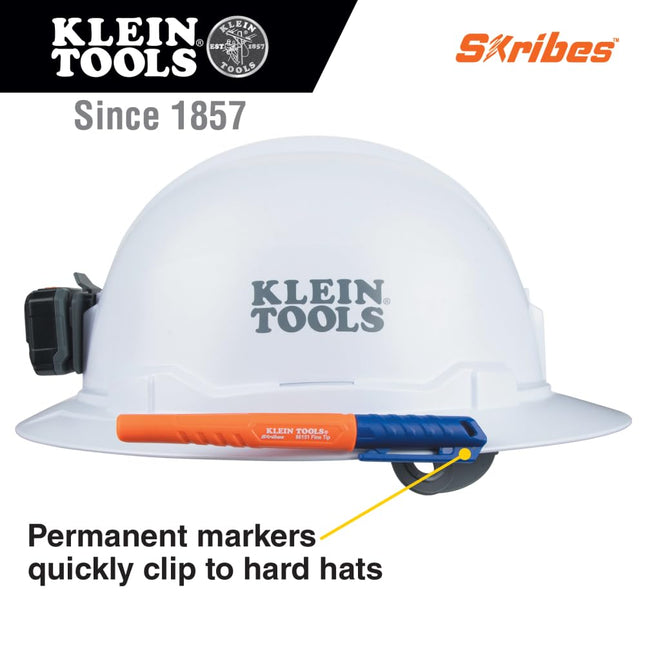 Klein Tools 861914 Skribes Fine Tip Permanent Markers, Assorted Colors, Hard Hat Clip, Multi-Surface Jobsite Marker for Wet, Dry and Oily Surfaces, 4-Pack