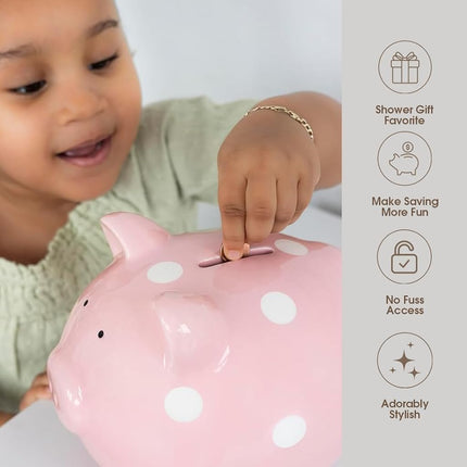 Pearhead Large Piggy Bank, Ceramic Keepsake Nursery Décor, Pink Polkadot, One Size