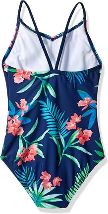 Traje de baño de una pieza Kanu Surf para niñas, modelo Chloe Beach Sport, estampado floral Leonie, color azul marino, talla 10