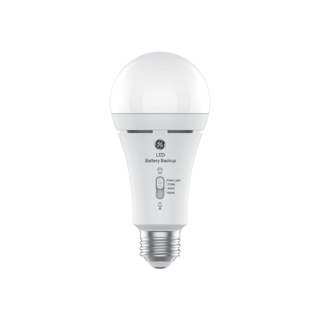 GE LED+ Backup Battery LED Light Bulbs, A21 Rechargeable Light Bulbs for Power Outages and Emergencies, Flashlight, 3 Color Temperatures (2 Pack)