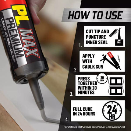 Loctite PL Premium Max Construction Adhesive, Versatile Construction Glue for Wood, Concrete, Stone & More - 9 fl oz Cartridge, Pack of 12