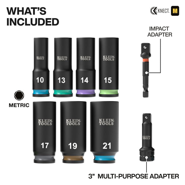 Klein Tools 65109IMPCTM KNECT Deep-Well 3/8-Inch Drive Impact Socket Set, Metric, 9-Piece Tool Set with Impact Driver Adapter, Multi-Purpose Wrench Adapter, Color-Coded, MODbox Socket Organizer