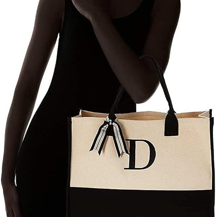 Mud Pie Classic Black and White Initial Canvas Tote Bags (D), 100% Cotton, 17" x 19" x 2"
