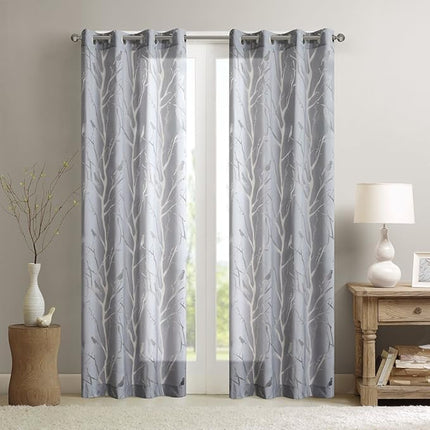 Madison Park Semi Sheer Curtain Modern Contemporary Botanical Print Out Design, Grommet Top, Single Window Drape for Living Room, Bedroom and Dorm, 50x63", Bird Grey
