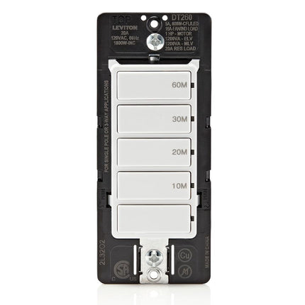Temporizador de cuenta regresiva Leviton para luces domésticas de baño, 10-20-30-60 min, requiere cable neutro, 20A, 1HP/16A Ventilador/Motor, unipolar, multivía o multitemporizador, DT260-1LW, blanco
