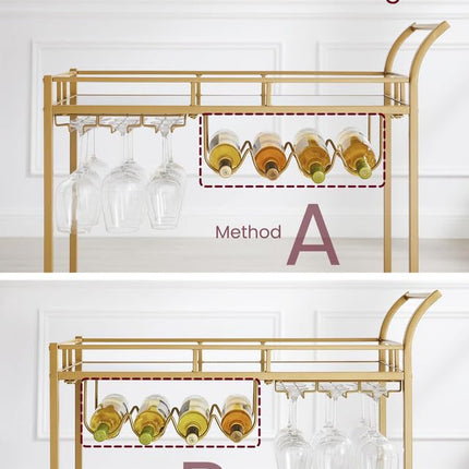 VASAGLE Bar Cart Gold, Home Bar Serving Cart, Wine Cart with 2 Mirrored Shelves, Wine Holders, Glass Holders, for Kitchen, Dining Room, Gold ULRC090A03
