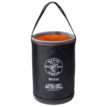 Klein Tools BC535 Straight Bucket, 17-Inch Utility Bucket, 200-Pound Load, 1680D Nylon, Drain Holes, Reinforced Straps, Hi-Vis Orange Interior