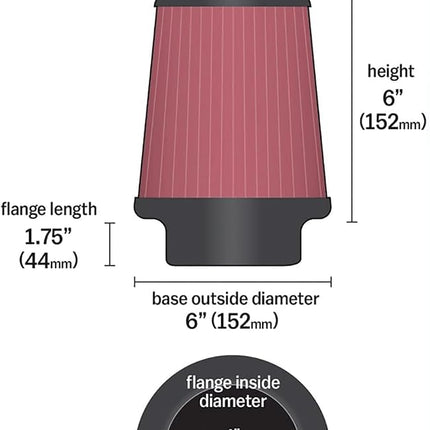 K&N Universal Clamp-On Air Filter: High Performance, Premium, Washable, Replacement Filter: Flange Diameter: 4 In, Filter Height: 6 In, Flange Length: 1.75 In, Shape: Round Tapered, RE-0850