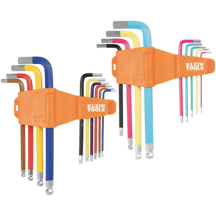 KLEIN TOOLS CBLS19 Long Ball-End Hex Key Wrench Set, SAE and Metric, L-Style, Color-Coded Powder-Coat, 3/32 to 3/8-Inch and 1.5 to 10 mm, 19-Piece