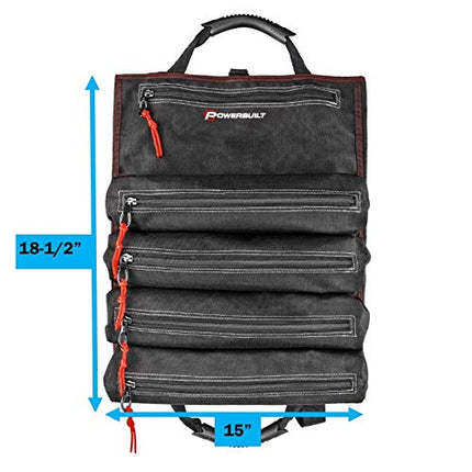 Powerbuilt Pro Tool Bag Roll Organizer, Portable, Great for Off-Road, Heavy Duty 1200D Polyester, 18-1/2 in. x 15 in. Open Size, Hanging Strap, Carry Handle, 5 Zipper Pockets, 14 Wrench Slots