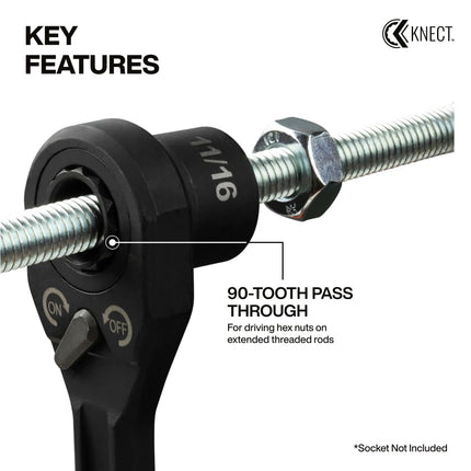 Klein Tools 65408ADP KNECT (M) Pass Through Ratchet and 3/8-Inch Socket Adapter Set, 90-Tooth Wrench for Extended Threaded Rods, Compact and Comfortable Grip, Traditional Socket Compatibility