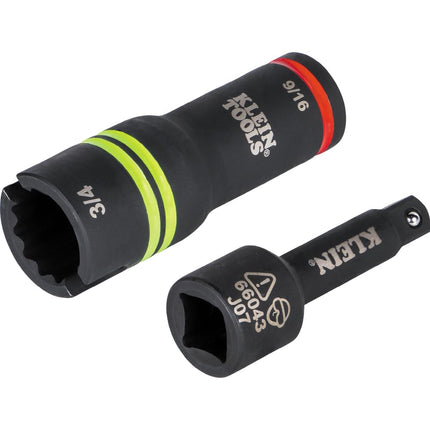 Klein Tools 66044 3-in-1 Flip Impact Socket, Alignment Slot, 9/16-Inch, 3/4-Inch Hex Sizes, 12-Point, 1/2-Inch to 3/8-Inch Square Adapter