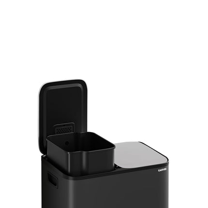 GarveeHome 2 x 4 gal Stainless Steel Double Trash Can with Lid for Kitchen, Large Dual Trash and Recycle Bin Combo, Step-on Kitchen Metal Garbage Cans, PP Inner Buckets, Liner Rim, Black