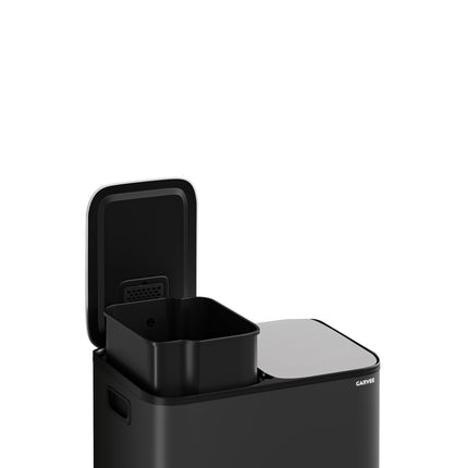 GarveeHome 2 x 4 gal Stainless Steel Double Trash Can with Lid for Kitchen, Large Dual Trash and Recycle Bin Combo, Step-on Kitchen Metal Garbage Cans, PP Inner Buckets, Liner Rim, Black
