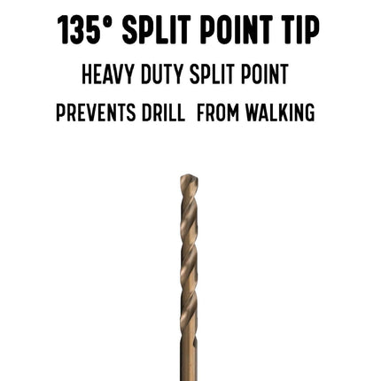 Foret d'extension d'avion en acier Drill America GLBCOX1224 GLBCO, taille #24, queue ronde, goujure hélicoïdale, cobalt, 135 degrés, main droite, pointe fendue, finition oxyde d'or, longueur 12"