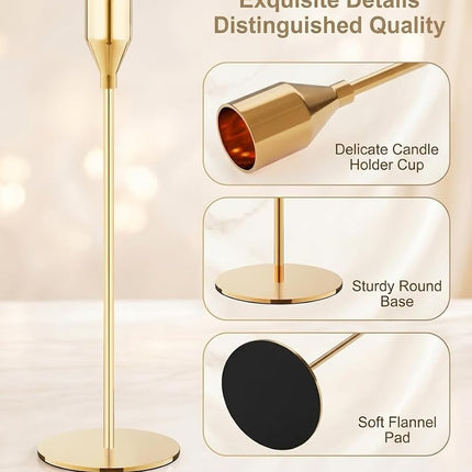 Gold Candle Holders for Taper Candles Set of 3，Metal Decorative Candlestick Holders for Table Mantel Centerpiece for Wedding, Dinning, Party, Anniversary，Fits 3/4 Inch Thick Candle