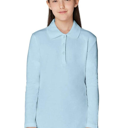 Polo de manga larga interlock para niñas French Toast con cuello picot, azul claro, 10-12 Plus