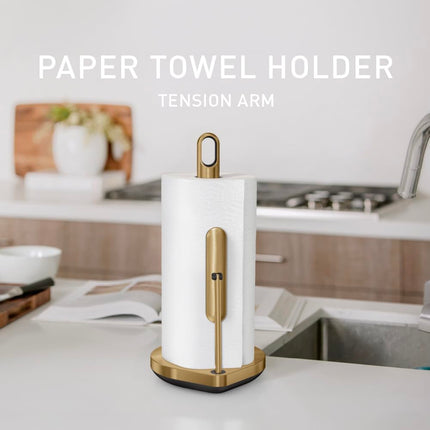 simplehuman Tension Arm Standing Paper Towel Holder, Heavy-Duty, Easy One-Handed Tear, Countertop Kitchen Paper Towel Dispenser, Brass Stainless Steel