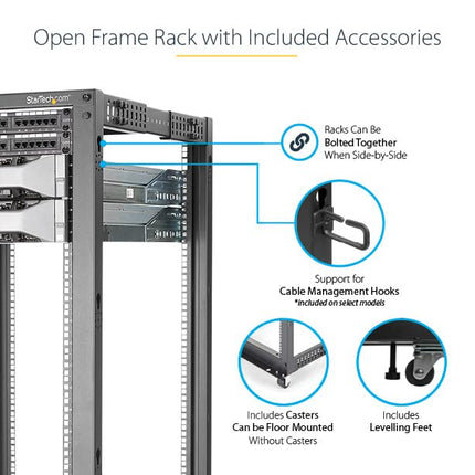StarTech 25U 4-Post Open Frame Server Rack, 19in, 544kg/1200lb, Mobile
