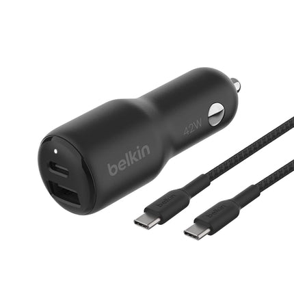 Belkin BoostCharge Dual Car Charger 42W w/Fast Charge USB-C 30W PPS & 12W USB-A Ports + USB-C to USB-C Cable for Apple iPhone 16, 16 Pro, 16 Pro Max, iPhone 15, Samsung Galaxy S24, & More - Black