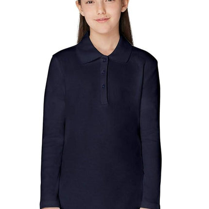 French Toast Girls' Long Sleeve Interlock Polo with Picot Collar, Navy, 14/16 Plus