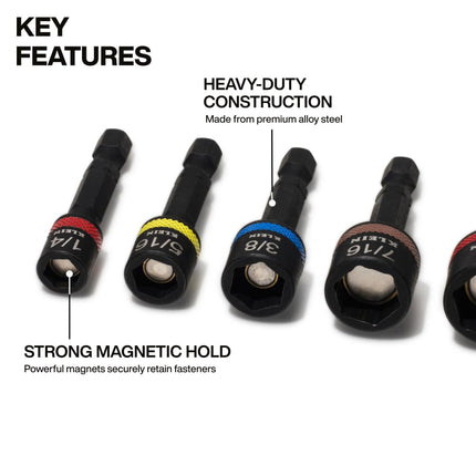 Klein Tools 32925S Nut Setter Set, Magnetic Impact Driver Set, 2-Inch Power Nut Drivers, Color-Coded, SAE, Impact-Rated, 5-Piece