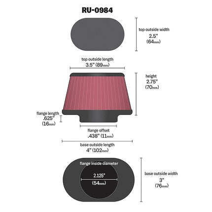 K&N Universal Clamp-On Air Filter: High Performance, Premium, Replacement Engine Filter: Flange Diameter: 2.125 In, Filter Height: 2.75 In, Flange Length: 0.625 In, Shape: Oval Straight, RU-0984
