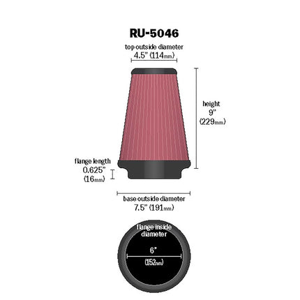 K&N Universal Clamp-On Air Filter: High Performance, Premium, Washable, Replacement Filter: Flange Diameter: 6 In, Filter Height: 9 In, Flange Length: 0.625 In, Shape: Round Tapered, RU-5046