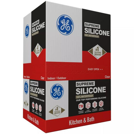 GE Supreme Silicone Caulk for Kitchen & Bathroom - 100% Waterproof Silicone Sealant, 7X Stronger Adhesion, Shrink & Crack Proof - 10 oz Cartridge, Clear, Pack of 12