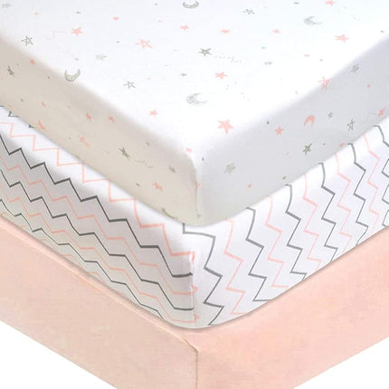 American Baby 3 Piece 100% Cotton Jersey Knit Fitted Crib Sheet for Standard Crib and Toddler Mattresses, Blush Pink Star/Zigzag, for Girls (33550PK/ST/ZZ)
