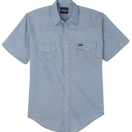 Wrangler Men's Cowboy Cut Western Two Pocket Short Sleeve Snap Work Shirt, Chambray, Medium