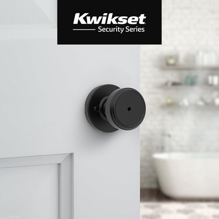 Kwikset Maven Pomo de puerta interior con cierre de privacidad, pomo redondo para baño y dormitorio, pomo sin llave con giro de bloqueo en color negro mate, con protección Microban