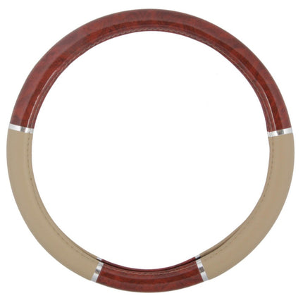 BDK Cubre Volante de Coche de Imitación Grano de Madera Oscura, Estándar de 15 pulgadas con Agarre de Piel Sintética Beige, Hecho para Adaptarse a la Mayoría de Coches, Camiones, Furgonetas, SUV
