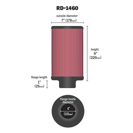 K&N Universal Clamp-On Air Filter: High Performance, Premium, Washable, Replacement Engine Filter: Flange Diameter: 4 In, Filter Height: 9 In, Flange Length: 1 In, Shape: Round, RD-1460