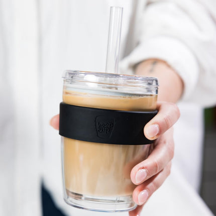 KeepCup Longplay Cold Cup - Double wall Glass, Reusable Ice Coffee Cup with Boba Straw and Lid - Medium 12oz (340ml) - Black