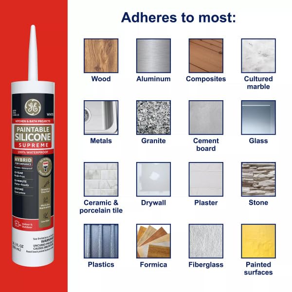 GE Supreme Paintable Silicone Kitchen & Bath Sealant White, 9.5 fl oz 1-Pack