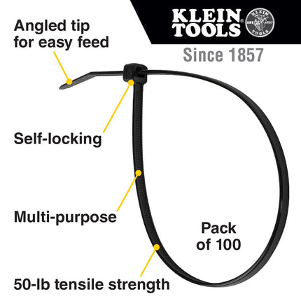 Cable Ties, 50-Pound Tensile Strength, Heavy Duty Nylon Cable Zip Ties, Indoor/Outdoor Use, 11.5-Inch, Black, 100-Piece Klein Tools 450-210