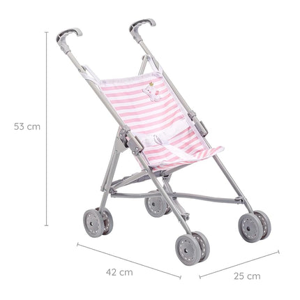 Jc Toys - Umbrella Foldable Pram for Dolls up to 45 cm Ideal for Playing and Walking White and Blue Striped Elephant Decoration Designed by Berenguer, +2 Years Old