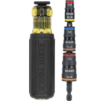 Klein Tools 32910 Impact Driver, 7-in-1 Impact Flip Socket Set with Handle, 6 Hex Driver Sizes Plus a 1/4-Inch Bit Holder