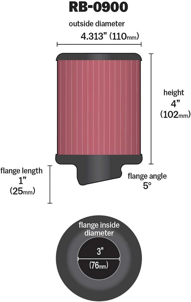 K&N Universal Clamp-On Air Intake Filter: High Performance, Premium, Washable, Replacement Air Filter: Flange Diameter: 3 In, Filter Height: 4 In, Flange Length: 1 In, Shape: Round, RB-0900 , Black