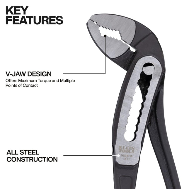 Klein Tools D50510 Pump Pliers, Classic Klaw Quick-Adjust V-Jaw Tongue and Groove Pliers, 10-Inch