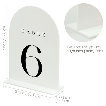JINMURY White Arch Acrylic Table Numbers 1-10 with Stand, 5x7" White Arch Acrylic Sign and Holder Wedding Table Numbers for Reception, Centerpiece, Event (White Table Numbers 1-10, 5x7 Inch)