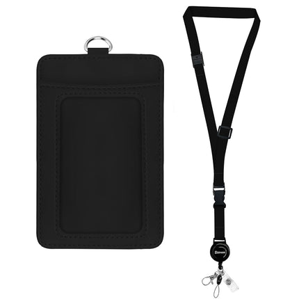 bolimoss Black Leather Badge Holder with Retractable Reel, Quick Release Buckle and Safety Adjustable Breakaway Lanyards with Swivel Metal Clasp Lanyard for Teacher Students Offices Staff Nurse