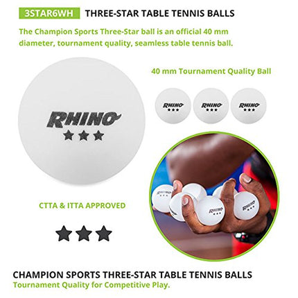 Champion Sports 3 Star Table Tennis Ball Pack, Tournament Grade, White, 40mm Seamless Design, 6 Balls