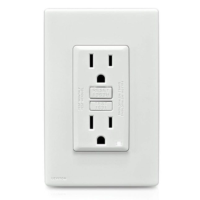 Tomacorriente GFCI Leviton Renu a prueba de manipulaciones con autocomprobación, 15 A, RGF15-WW, blanco sobre blanco