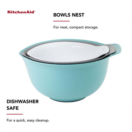 KitchenAid Universal Nesting Plastic Mixing Bowls, Set of 3, 2.5 Quart, 3.5 Quart, 4.5 Quart, Non Slip Base with Easy Pour Spout to Reduce Mess, Dishwasher Safe, Aqua Sky, White, Gray