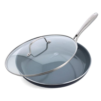 GreenPan Swift Cerámica Saludable Antiadherente, Sartén de 12" con Tapa, Mango de Acero Inoxidable, Sin PFAS, Apto para Lavavajillas, Apto para Horno, Gris