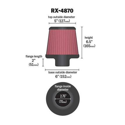 K&N Universal X-Stream Clamp-On Air Filter: High Performance, Premium, Replacement Filter: Flange Diameter: 2.75 In, Filter Height: 6.5 In, Flange Length: 2 In, Shape: Round Tapered, RX-4870
