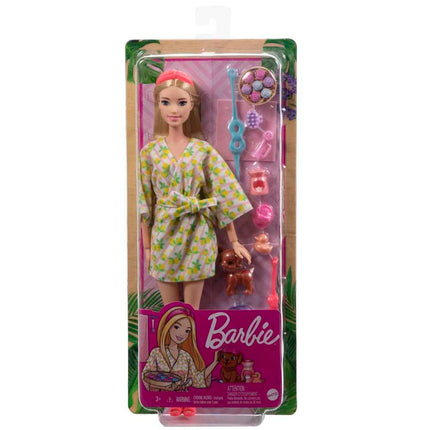 Barbie Doll, Kids Toys, Blonde Doll with Pet Puppy, Barbie Sets, Spa Day, Lemon Print Bathrobe, Headband and Eye Mask, Self-Care Series, HKT90